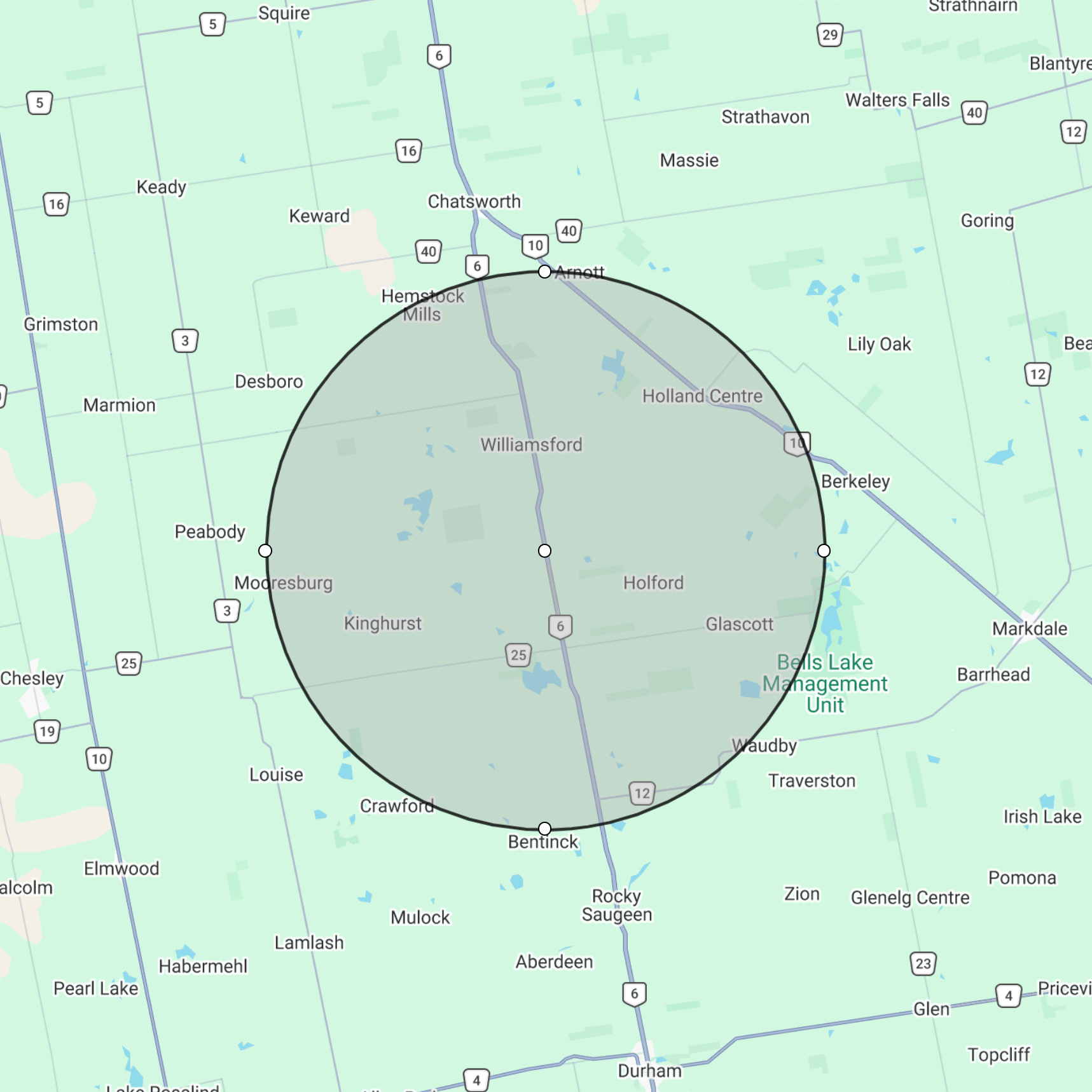 Service area map showing 10 km radius from Williamsford